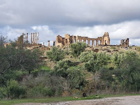 Roman ruins with trees and clouds in the background.