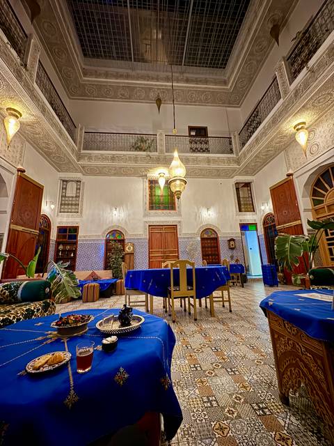 Traditional Moroccan interior with colorful decor.