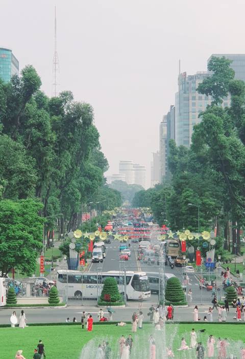 Wide street with car traffic surrounded by tall buildings and trees.