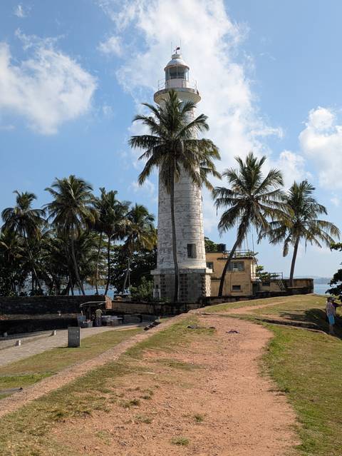 White lighthouse surrounded by palm trees, with people nearby.