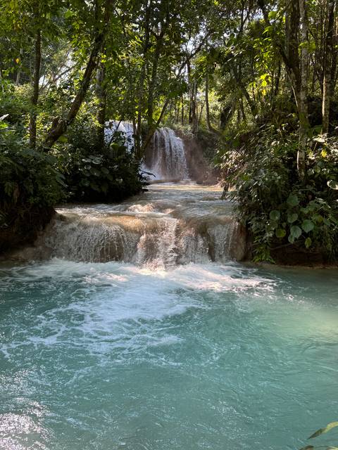 Cascading waterfall in a tropical setting with lush vegetation.