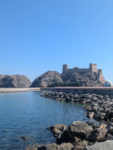       Fort on a hill beside a body of water under a clear blue sky.
  
