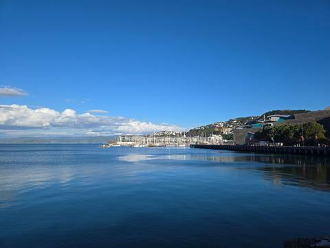       Clear blue waters with a view of a harbor and buildings in the distance.
  
