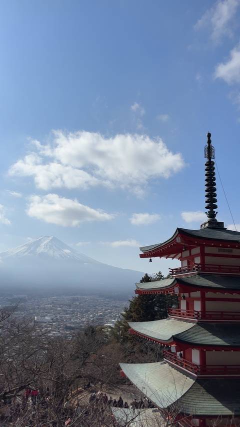       Fuji view with traditional Japanese pagoda under a blue sky.
  