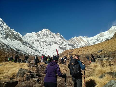 A group of hikers in a mountainous area with snow-capped peaks.
