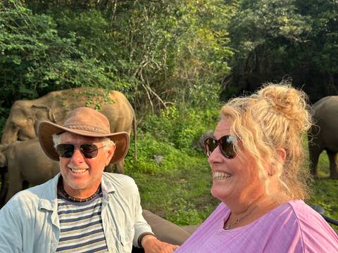      A couple in safari gear observing elephants in the wild.
  