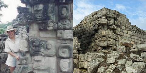 A tourist exploring intricate stone carvings of a Mayan site.