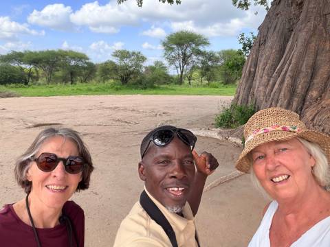 Three people posing in front of a large baobab tree.