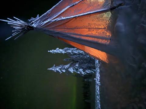 Teepee illuminated from within amidst snow-covered trees and a starry night sky.
