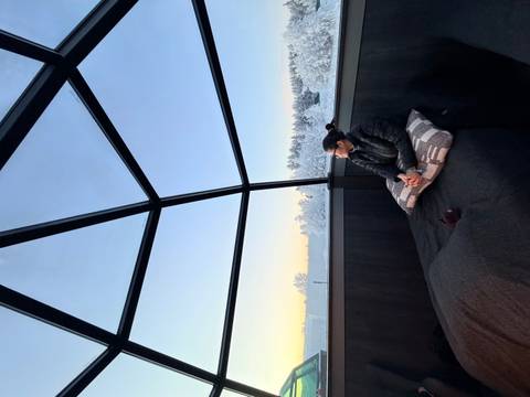 Person sitting in a glass cabin surrounded by a snowy forest during the day.