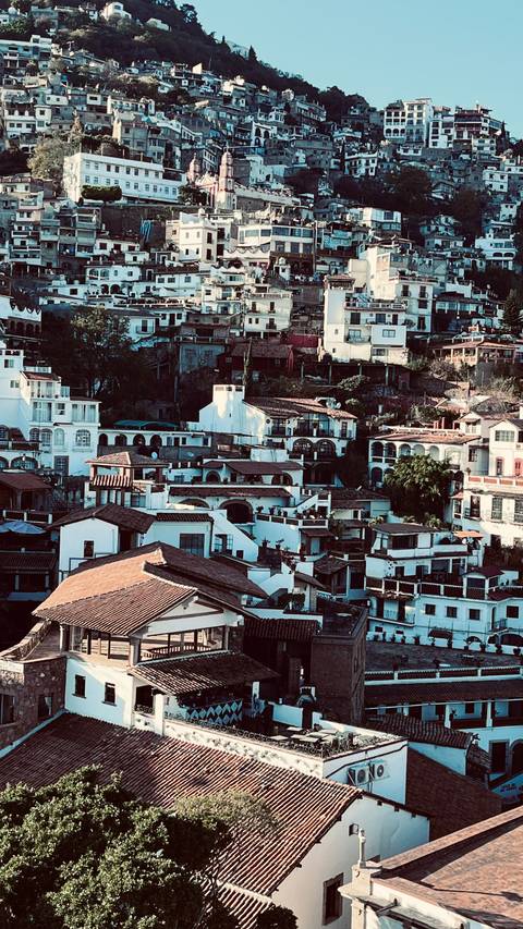       Hillside with white buildings and red rooftops in a town.
  