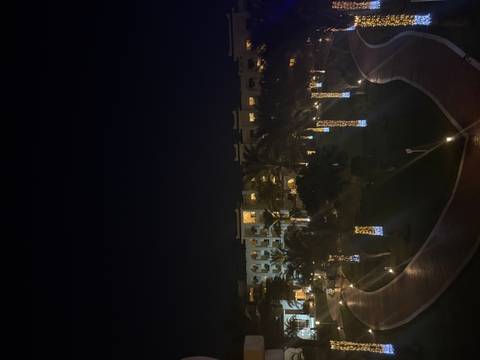 Night view of a hotel with illuminated palm trees.