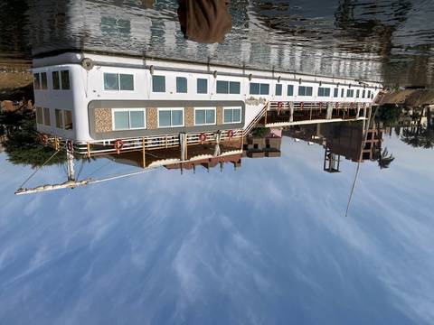 A large cruise boat on a river with buildings and palm trees in the background.
