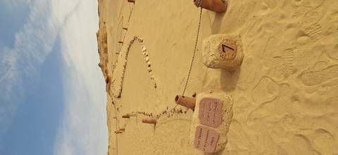       Markers and signs on a desert landscape marking fossil paths.
  