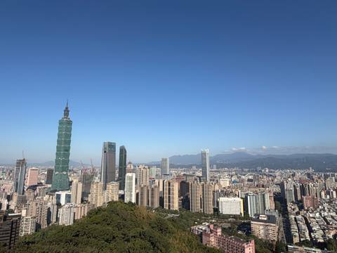       Clear skyline of Taipei dominated by the Taipei 101 tower against a bright blue sky.
  
