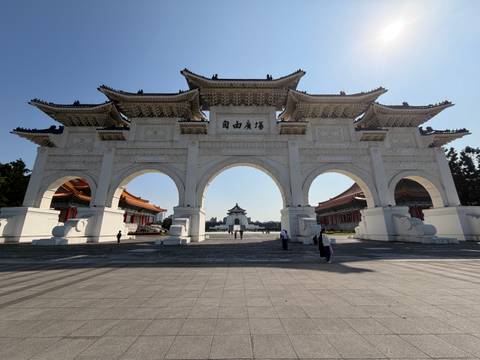       Impressive Liberty Square Gate at Chiang Kai-shek Memorial Hall bathed in morning sunshine.
  
