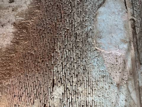       Close-up of an aged brick wall with varying colors and textures.
  
