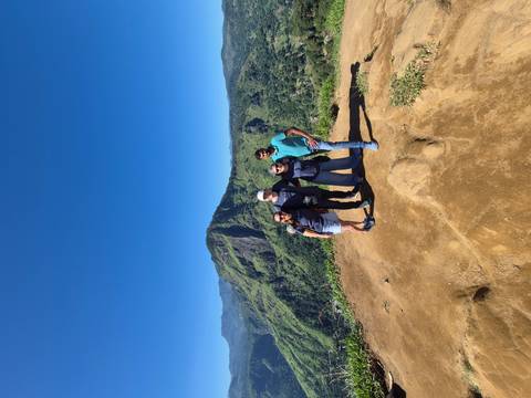       Four hikers stand on a mountain viewpoint with lush green peaks under a clear blue sky.
  