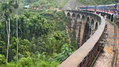       Iconic blue-and-red train crossing the dramatic Nine Arches Bridge above lush green jungle valley
  