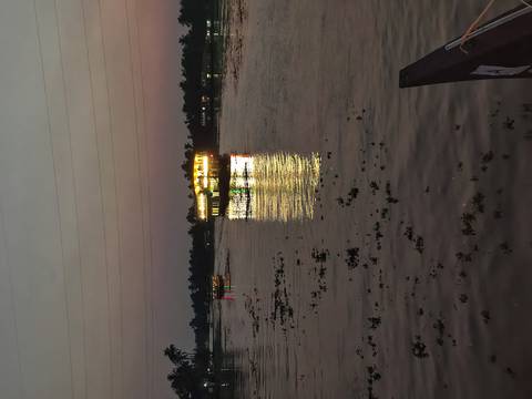       Glowing houseboat cruises along Kerala backwaters at dusk, lights shimmering on the water.
  