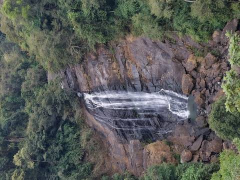       Tall waterfall cascades down dark rock cliffs surrounded by lush green forest.
  