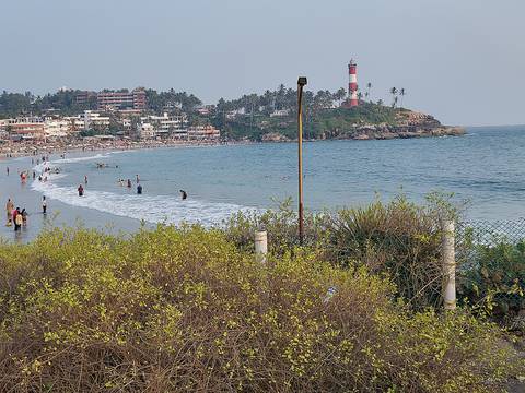       Busy crescent beach with lighthouse on a rocky headland and swimmers in gentle surf.
  