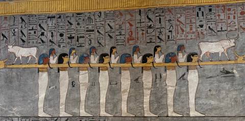       Colorful wall reliefs and hieroglyphics inside an ancient Egyptian tomb.
  