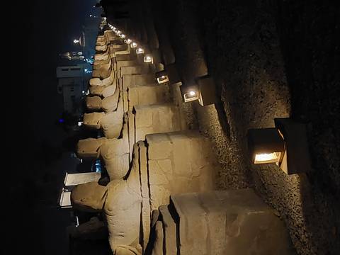       Night view of a long avenue lined with sphinx statues illuminated by small lanterns.
  