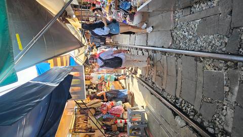      Bustling railway market with stalls and shoppers lining active train tracks under colorful awnings.
  