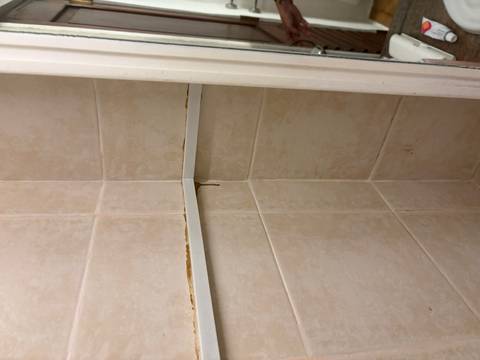       Shower wall showing cracked grout and brown water streaks.
  