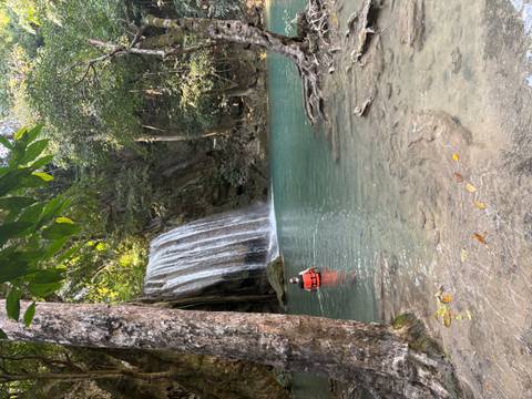       Person wearing a life vest wades in a turquoise pool beneath a cascading jungle waterfall.
  