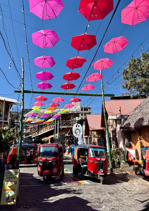       Street scene with rows of vibrant pink and rainbow umbrellas suspended overhead
  