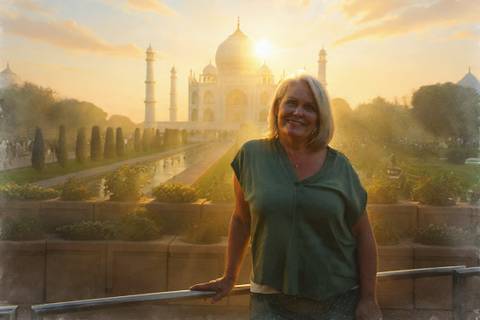       Smiling woman standing on viewing platform with Taj Mahal glowing at sunrise behind her.
  