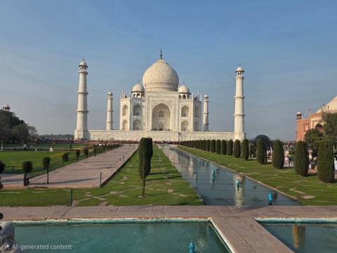      Classic frontal view of the Taj Mahal and reflecting pools under clear blue sky.
  