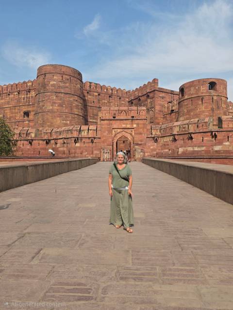       Woman posing in front of massive red sandstone gateway at Agra Fort.
  