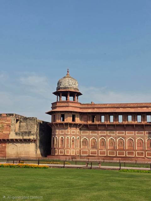       Red sandstone pavilion and battlements of Agra Fort against clear sky.
  