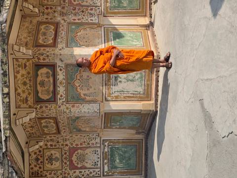       A monk in bright orange robes stands before a richly painted wall inside an Indian palace.
  