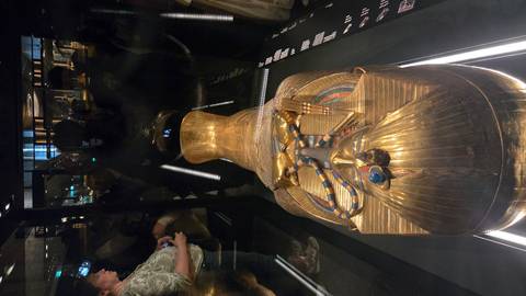       A golden sarcophagus displayed in a dimly lit museum case with visitors reflected in the glass.
  