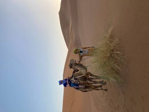       A tourist on camelback and a guide stand amid sweeping Sahara sand dunes in soft evening light.
  