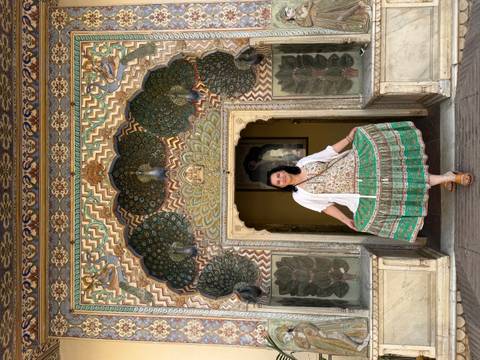       Woman poses at the Peacock Gate of Jaipur’s City Palace, displaying vibrant peacock motifs.
  