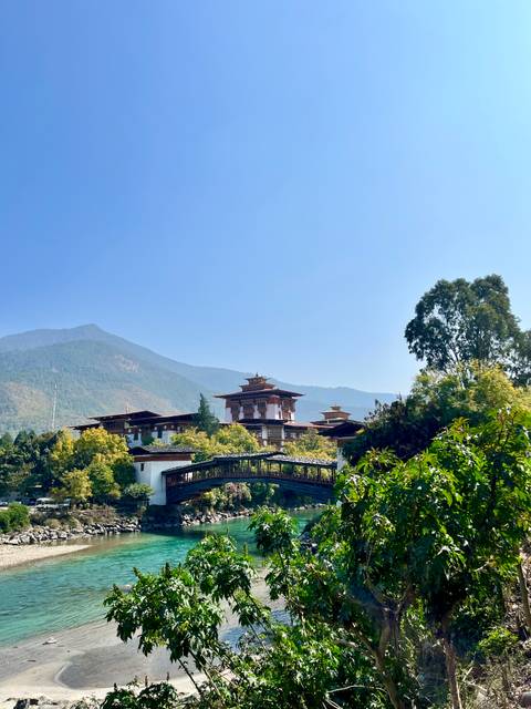       Elegant Punakha Dzong and its traditional wooden bridge set against forested Bhutanese hills.
  
