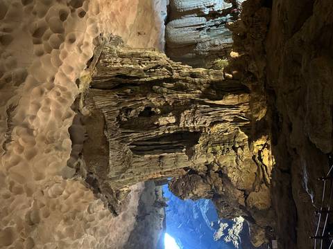       Illuminated limestone formations inside a spacious cave chamber.
  
