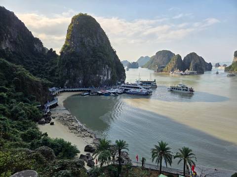       View from a high lookout over Halong Bay with tour boats anchored between dramatic karst islands.
  