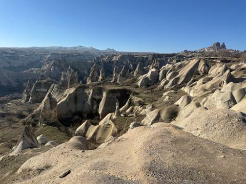       Expansive view over Cappadocia's rugged valleys and fairy chimney formations.
  
