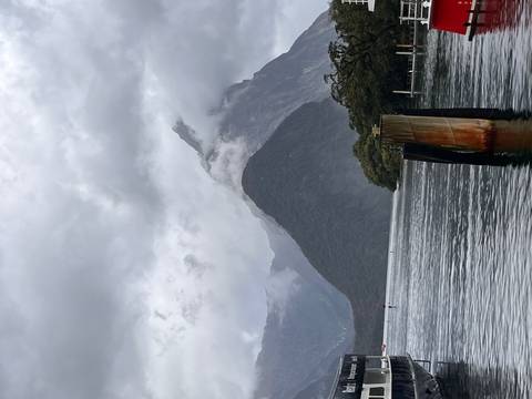       Misty grey day at Milford Sound featuring a steep cloud-capped peak rising from fjord waters.
  