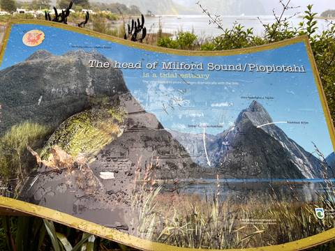       Weather-spattered information board and map about Milford Sound with photos and text.
  