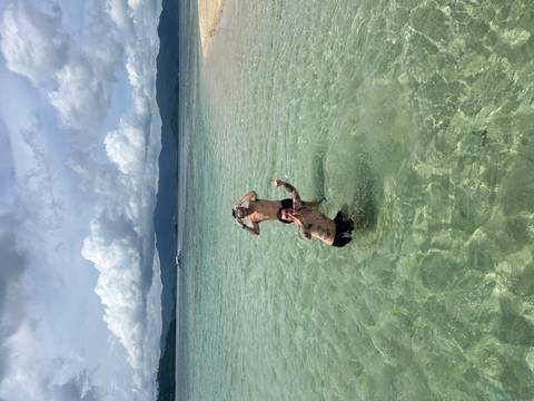       Two friends playing in crystal-clear shallow water with distant mountains under a bright sky
  