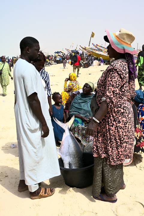       Women and a child examine a large freshly caught fish at a sandy beach market.
  
