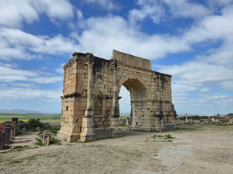       A lone triumphal arch stands amid Roman ruins with rolling green fields beyond under a bright sky.
  