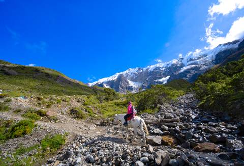       Traveler on horseback ascending a rocky mountain trail toward snow-capped peaks.
  